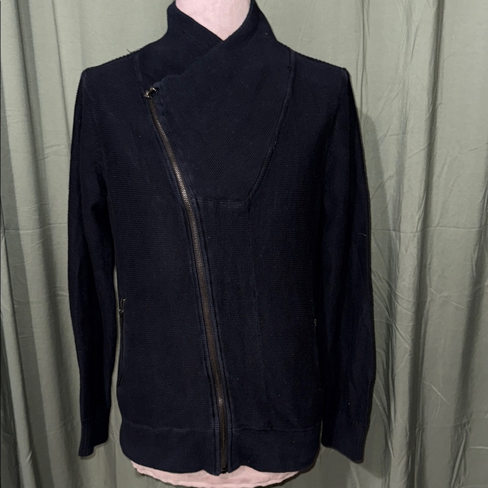 Guess Black Knit Asymmetrical Zip Moto Sweater Jacket | Size Large